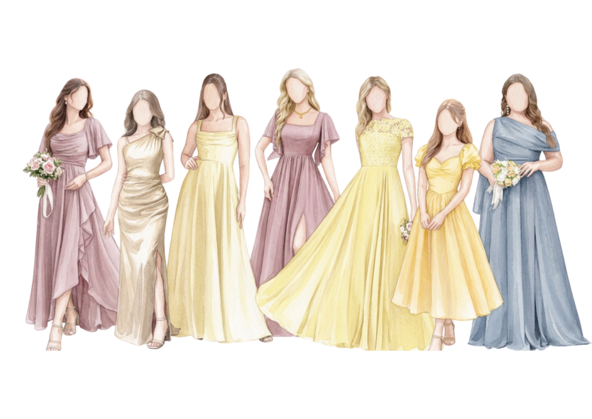 Watercolor illustration of guest dresses in butter, sand, dusty rose and dusty blue
